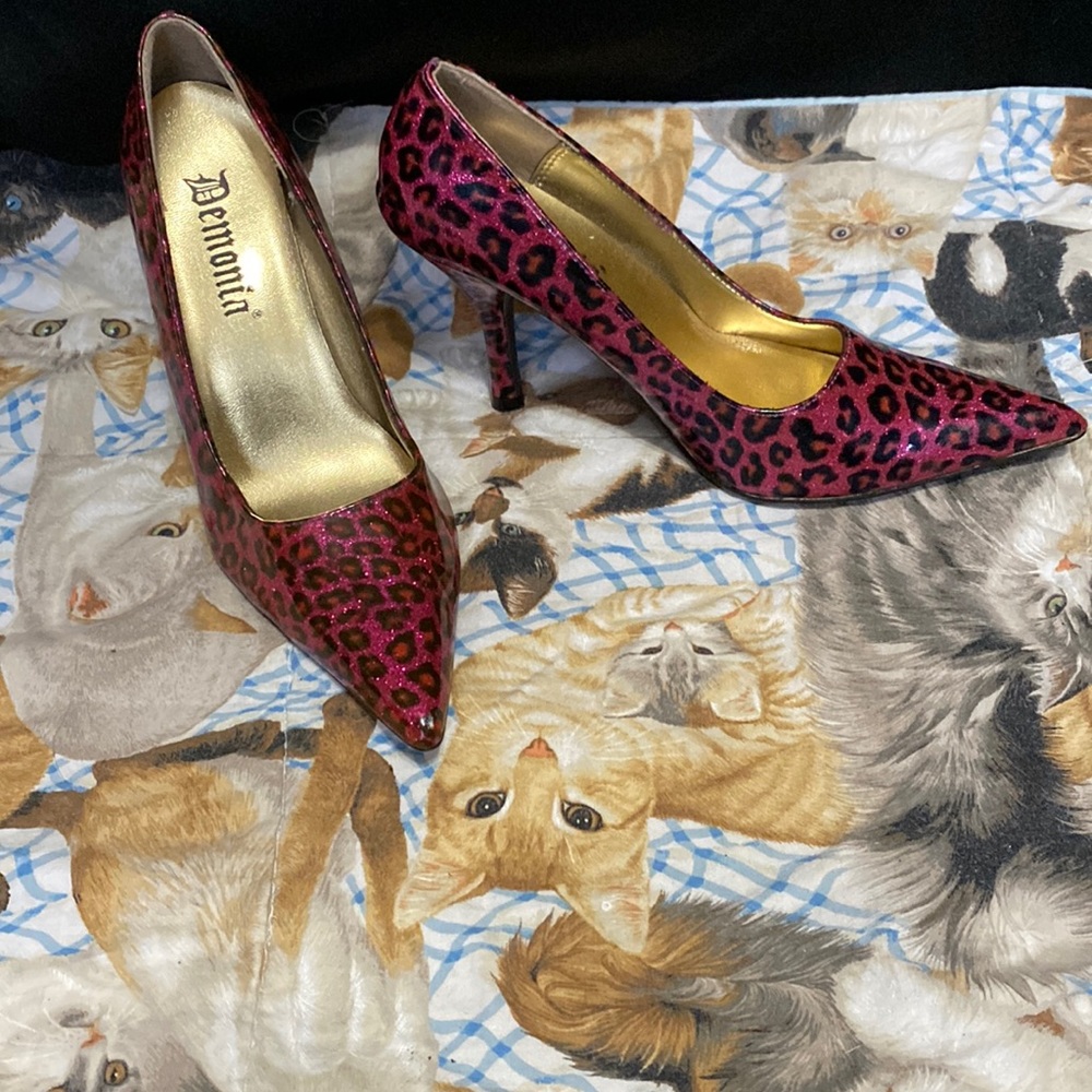 Demonia sparkle animal print pointy heels